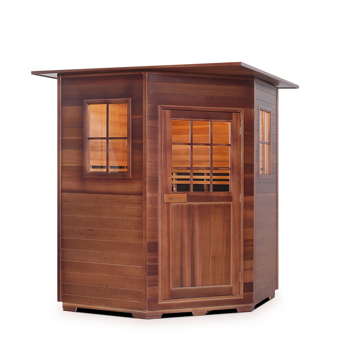 Enlighten Sauna InfraNature Original Infrared Canadian Red Cedar Wood Outside And Inside with indoor Roofed four person sauna front view