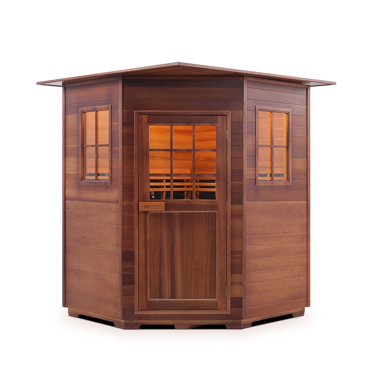 Enlighten Sauna InfraNature Original Infrared Canadian Red Cedar Wood Outside And Inside with indoor Roofed four person sauna front view