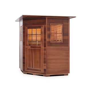 Enlighten Sauna Dry traditional Moonlight Canadian Red Cedar Wood Outside And Inside indoor Roofed four person corner location sauna isometric view