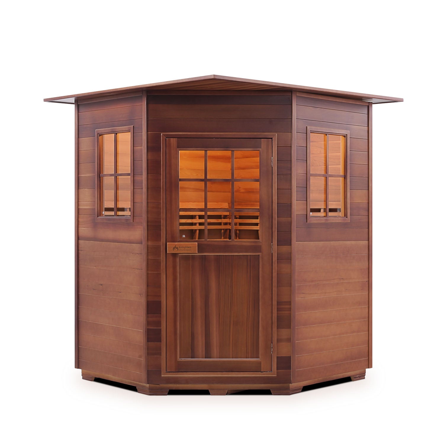 Enlighten Sauna Dry traditional Moonlight Canadian Red Cedar Wood Outside And Inside indoor Roofed four person corner location sauna front view