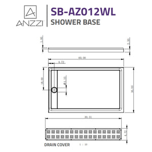 Anzzi Field Series 36 in. x 60 in. Double Threshold Shower Base Specification Drawing SB-AZ012WL - Vital Hydrotherapy