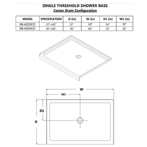 Anzzi Tier 32 x 60  in. Single Threshold Shower Base Specification Drawing  SB-AZ03 - Vital Hydrotherapy