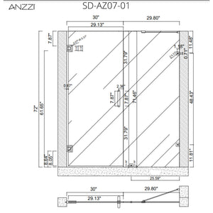 Anzzi Consort Series 60 in. by 72 in. Frameless Hinged Alcove Shower Door with Handle Specification Drawing SD-AZ07-01 - Vital Hydrotherapy