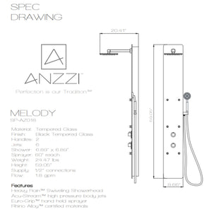 Anzzi Melody 59 in. Six Fully Adjustable and Directional Acu-stream Body Jets with Swiveling Overhead Shower, Two Shower Control Knobs and Euro-grip Handheld Sprayer in Black Deco-Glass Specification Drawing SP-AZ018 - Vital Hydrotherapy
