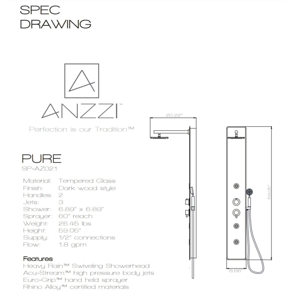 Anzzi Pure 59 Inch Full Body Shower Panel, One (1) Heavy Rain Swiveling Shower Head, Three (3) Fixed ACU-stream Body Massage Jets and One (1) Euro-grip Free Range Hand Sprayer in Mahogany Deco-Glass Specification Drawing SP-AZ021 - Vital Hydrotherapy