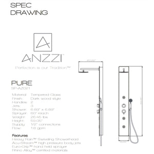 Anzzi Pure 59 Inch Full Body Shower Panel, One (1) Heavy Rain Swiveling Shower Head, Three (3) Fixed ACU-stream Body Massage Jets and One (1) Euro-grip Free Range Hand Sprayer in Mahogany Deco-Glass Specification Drawing SP-AZ021 - Vital Hydrotherapy