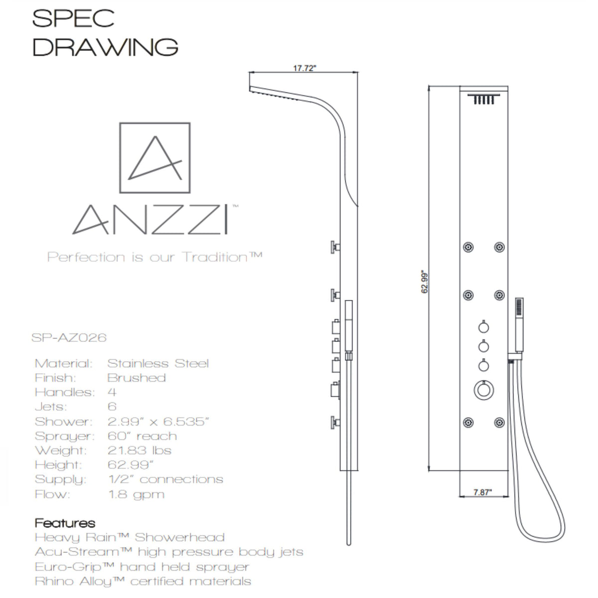 Anzzi Fontan 64 in. 6-Jetted Full Body Shower Panel with Heavy Rain Shower and Spray Wand Specification Drawing SP-AZ026 - Vital Hydrotherapy
