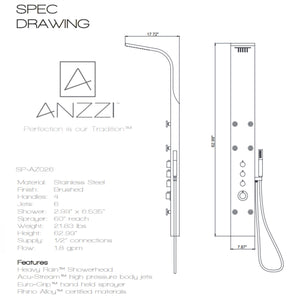 Anzzi Fontan 64 in. 6-Jetted Full Body Shower Panel with Heavy Rain Shower and Spray Wand Specification Drawing SP-AZ026 - Vital Hydrotherapy