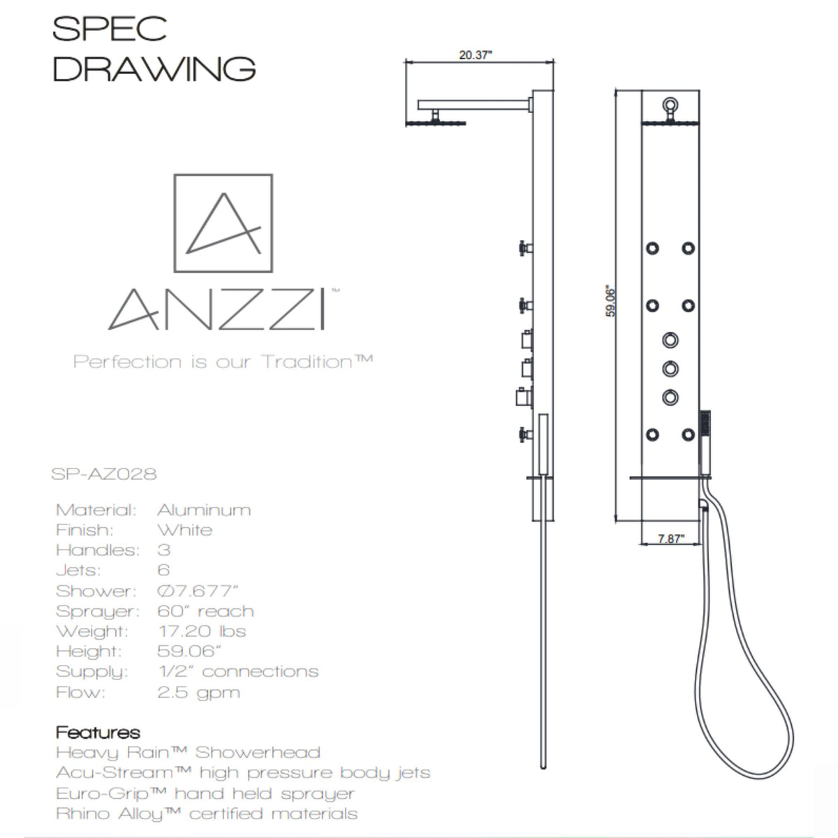 Anzzi Donna 60 in. 6-Jetted Full Body Shower Panel with Heavy Rain Shower and Spray Wand Specification Drawing SP-AZ028 - Vital Hydrotherapy