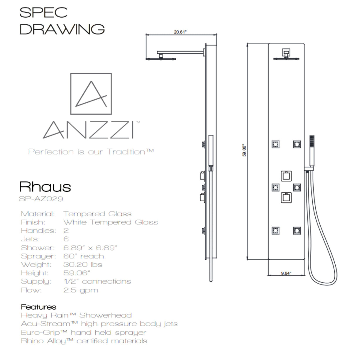 Anzzi Rhaus 60 in. 6-Jetted Full Body Shower Panel with Heavy Rain Shower and Spray Wand Specification Drawing SP-AZ029 - Vital Hydrotherapy