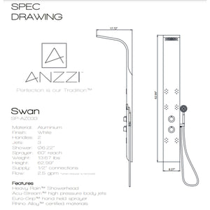 Anzzi Swan 64 Inch Full Body Shower Panel with Heavy Rain Shower Head, Acu-stream Body Massage Jets, Shower Control Knobs and Euro-grip Free Range Hand Sprayer in White SP-AZ033 - Specification Drawing - Vital Hydrotherapy