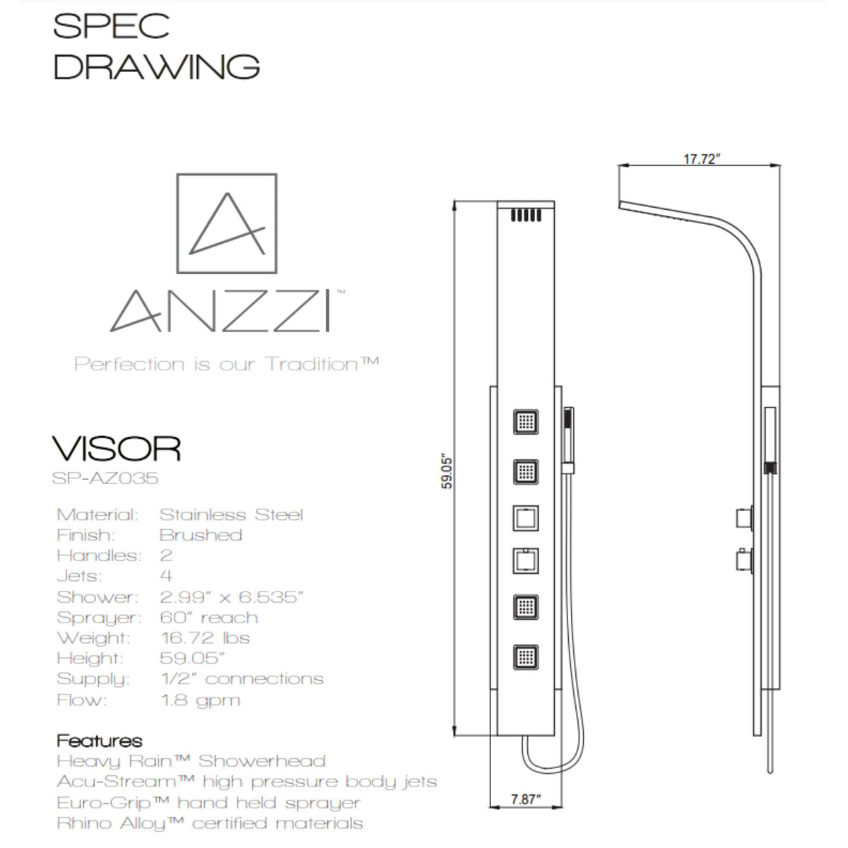 Anzzi Visor 60 in. Full Body Shower Panel with Heavy Rain Shower and Spray Wand Specification Drawing SP-AZ035 - Vital Hydrotherapy