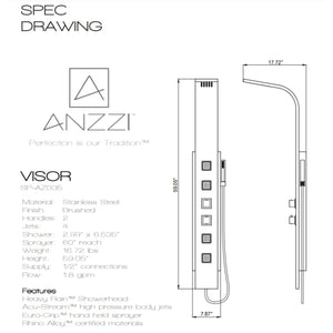 Anzzi Visor 60 in. Full Body Shower Panel with Heavy Rain Shower and Spray Wand Specification Drawing SP-AZ035 - Vital Hydrotherapy