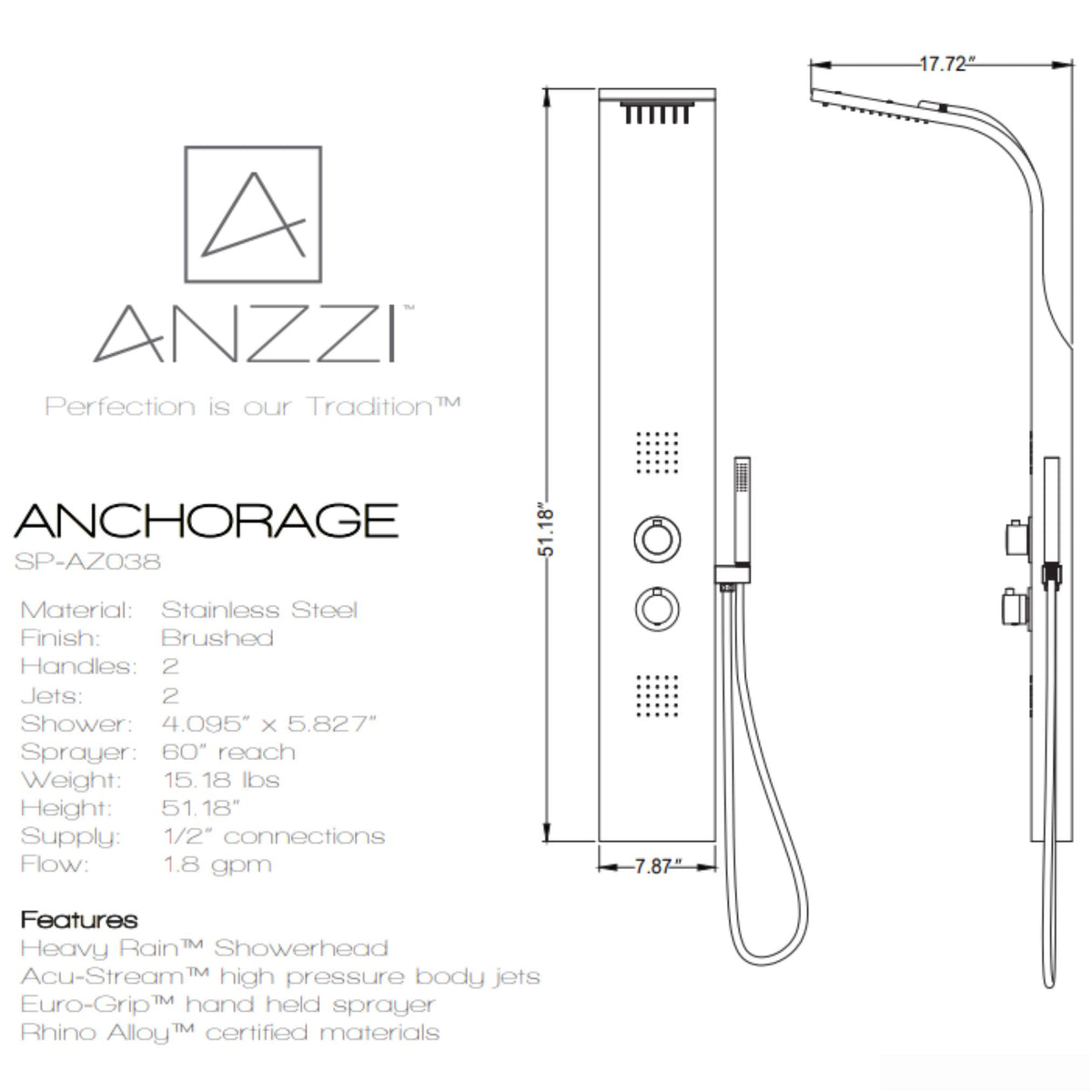 Anzzi Anchorage 60 Inch Full Body Shower Panel with Heavy Rain Shower Head With Cascading Waterfall, Two Shower Control Knobs, Two Acu-stream Body Jet Sets and One Euro-grip Free Range Hand Sprayer in Brushed Steel Specification Drawing SP-AZ038 - Vital Hydrotherapy