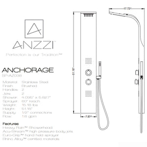 Anzzi Anchorage 60 Inch Full Body Shower Panel with Heavy Rain Shower Head With Cascading Waterfall, Two Shower Control Knobs, Two Acu-stream Body Jet Sets and One Euro-grip Free Range Hand Sprayer in Brushed Steel Specification Drawing SP-AZ038 - Vital Hydrotherapy