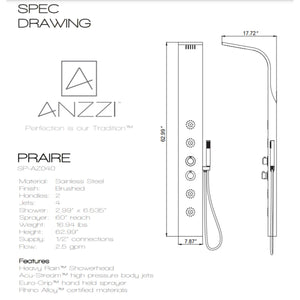 Anzzi Praire 64 Inch Full Body Shower Panel with Heavy Rain Shower Head, Two Shower Control Knobs, Four Acu-stream Vector Massage Body Jet Sets and One Euro-grip Free Range Hand Sprayer in Brushed Steel Specification Drawing SP-AZ040 - Vital Hydrotherapy