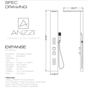 Anzzi Expanse 57 Inch Full Body Shower Panel with Heavy Rain Shower Head with Cascading Waterfall, Two Shower Control Knobs, Two Acu-stream Vector Massage Body Jet Sets and One Euro-grip Free Range Hand Sprayer in Brushed Steel Specification Drawing SP-AZ041 - Vital Hydrotherapy