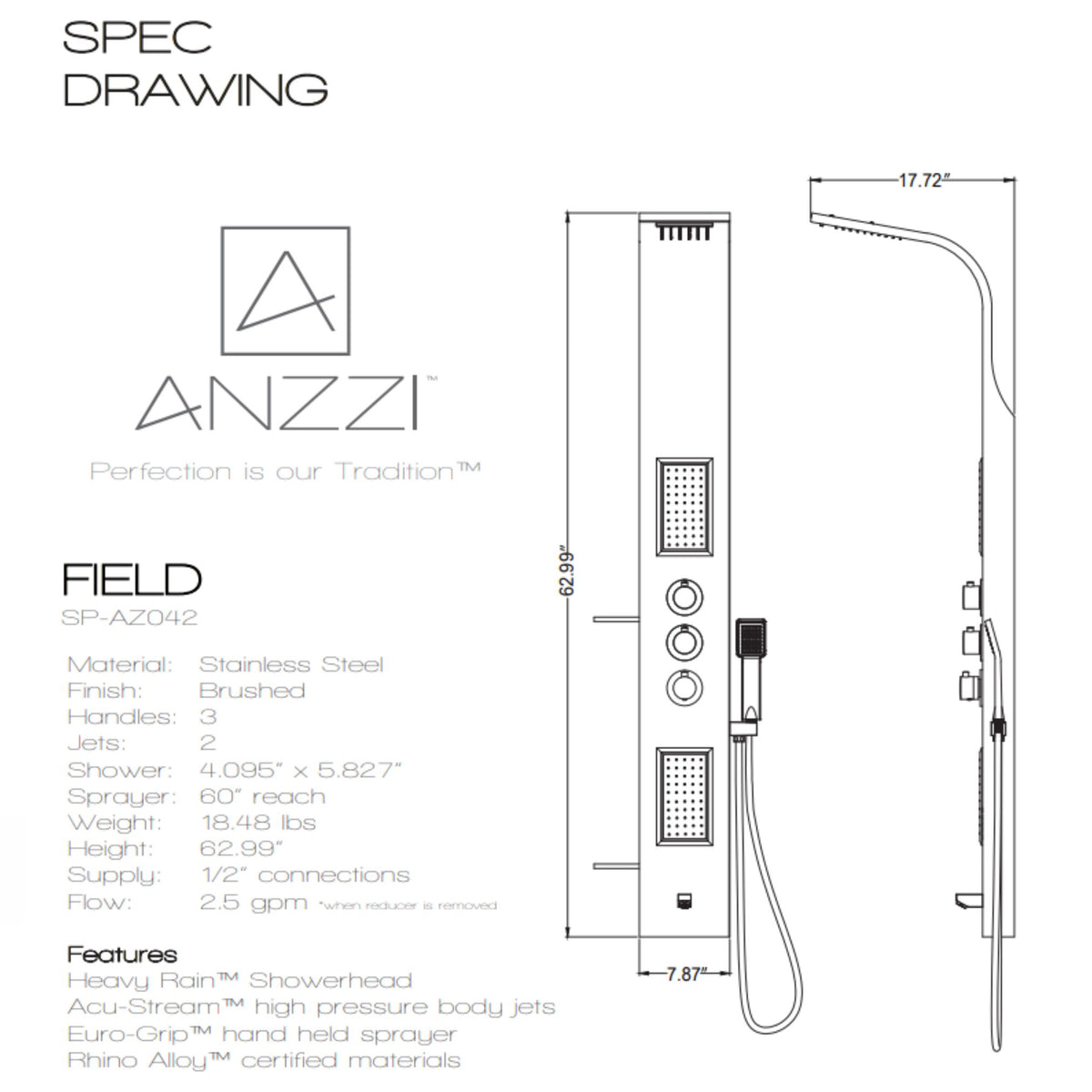 Anzzi Field 58 Inch Full Body Shower Panel with Heavy Rain Shower Head with Cascading Waterfall, Three Shower Control Knobs, Two Acu-stream Vector Massage Body Jet Sets and One Euro-grip Free Range Hand Sprayer in Brushed Steel - Dual Level Deco-Glass Shampoo Shelves - SP-AZ042 - Specification Drawing - Vital Hydrotherapy