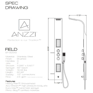 Anzzi Field 58 Inch Full Body Shower Panel with Heavy Rain Shower Head with Cascading Waterfall, Three Shower Control Knobs, Two Acu-stream Vector Massage Body Jet Sets and One Euro-grip Free Range Hand Sprayer in Brushed Steel - Dual Level Deco-Glass Shampoo Shelves - SP-AZ042 - Specification Drawing - Vital Hydrotherapy