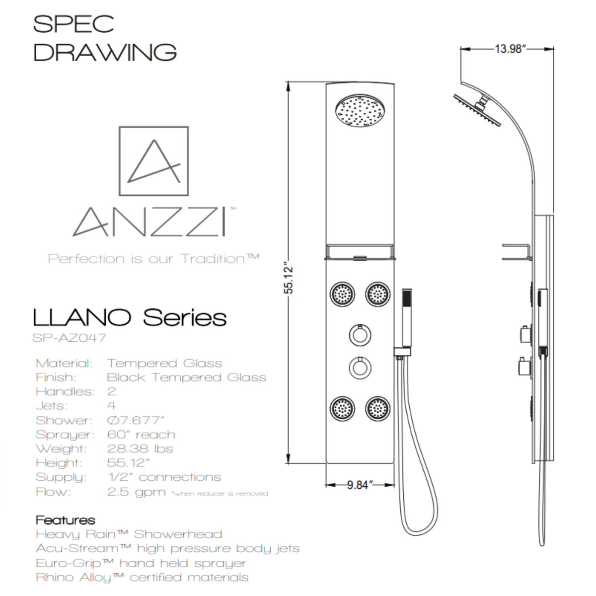 Anzzi Llano Series 56 Inch Full Body Shower Panel with Swiveling Crested Heavy Rain Shower Head, Two Shower Control Knobs, Four Acu-stream Vector Massage Body Jet Sets and One Euro-grip Free Range Hand Sprayer in Brushed Steel - Deco-Glass Shampoo Shelves - SP-AZ047 - Specification Drawing - Vital Hydrotherapy