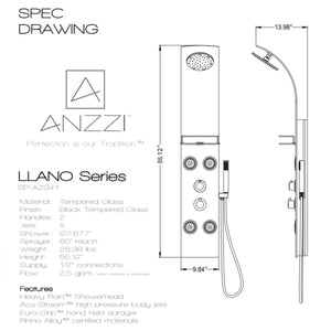 Anzzi Llano Series 56 Inch Full Body Shower Panel with Swiveling Crested Heavy Rain Shower Head, Two Shower Control Knobs, Four Acu-stream Vector Massage Body Jet Sets and One Euro-grip Free Range Hand Sprayer in Brushed Steel - Deco-Glass Shampoo Shelves - SP-AZ047 - Specification Drawing - Vital Hydrotherapy