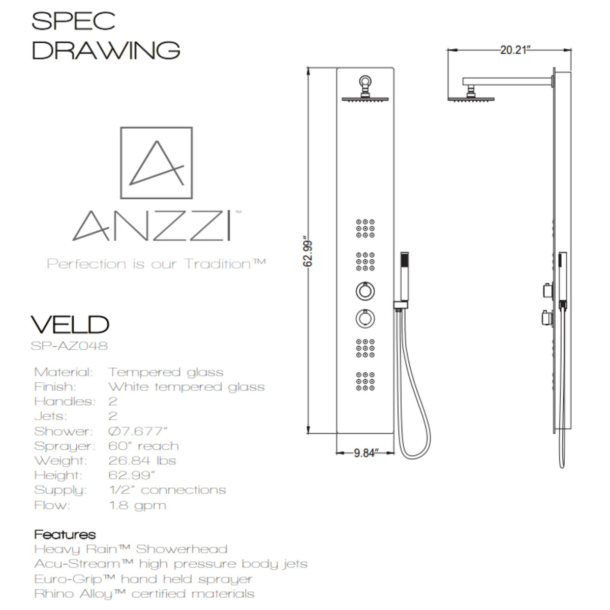 Anzzi Veld Series 64 Inch Full Body Shower Panel with Swiveling Crested Heavy Rain Shower Head, Two Shower Control Knobs, Four Acu-stream Vector Massage Body Jet Sets and Euro-grip Hand Sprayer SP-AZ048 - Specification Drawing - Vital Hydrotherapy
