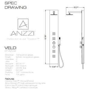 Anzzi Veld Series 64 Inch Full Body Shower Panel with Swiveling Crested Heavy Rain Shower Head, Two Shower Control Knobs, Four Acu-stream Vector Massage Body Jet Sets and Euro-grip Hand Sprayer SP-AZ048 - Specification Drawing - Vital Hydrotherapy