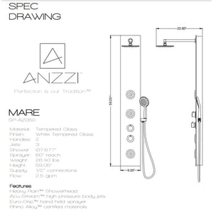 Anzzi Mare Series 60 Inch Full Body Shower Panel with Swiveling Crested Heavy Rain Shower Head, Two Shower Control Knobs, Three Acu-stream Vector Massage Body Jet Sets and Euro-grip Hand Sprayer SP-AZ050 - Specification Drawing - Vital Hydrotherapy
