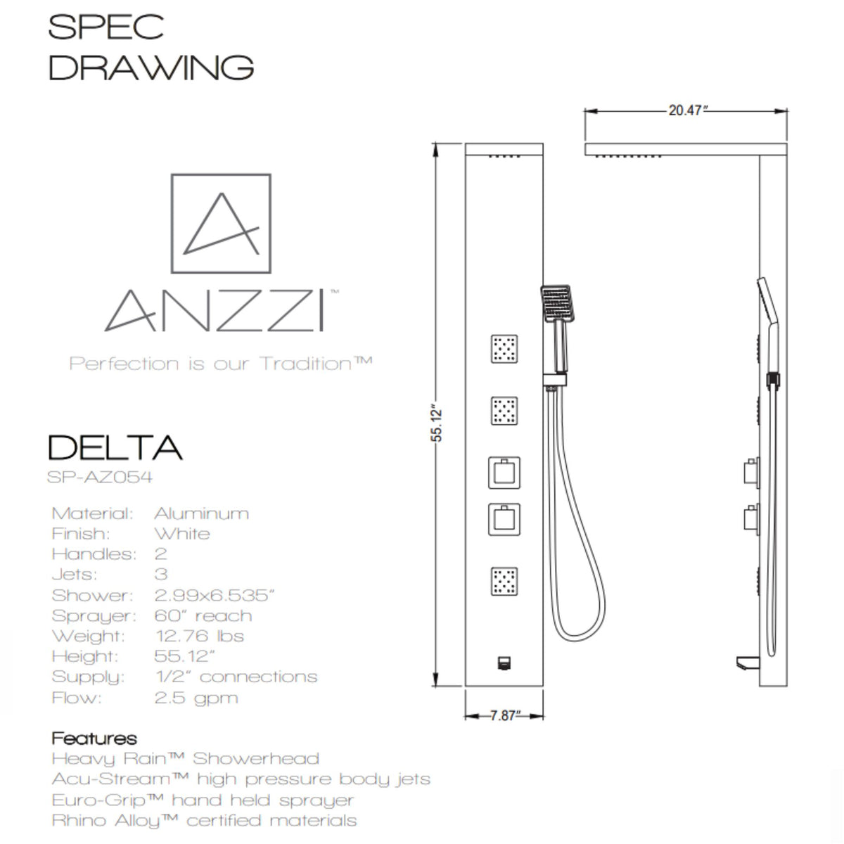 Anzzi Delta Series 56 in. Full Body Shower Panel System with Heavy Rain Shower and Spray Wand in White SP-AZ054 - Vital Hydrotherapy