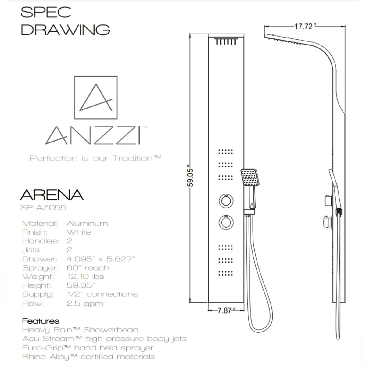 Anzzi Arena Series 60 Inch Full Body Shower Panel with Fixed Crested Heavy Rain Shower Head, Two Shower Control Knobs, Two Acu-stream Vector Massage Body Jet Sets and Euro-grip Hand Sprayer SP-AZ055 - Specification Drawing - Vital Hydrotherapy