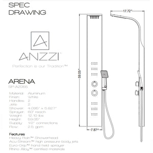 Anzzi Arena Series 60 Inch Full Body Shower Panel with Fixed Crested Heavy Rain Shower Head, Two Shower Control Knobs, Two Acu-stream Vector Massage Body Jet Sets and Euro-grip Hand Sprayer SP-AZ055 - Specification Drawing - Vital Hydrotherapy