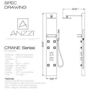 Anzzi Crane 60 Inch Full Body Shower Panel with Deco-Glass Shampoo Shelf, Swiveling Crested Heavy Rain Shower Head, Two Shower Control Knobs, Six Acu-stream Vector Massage Body Jet Sets and Euro-grip Hand Sprayer in Natural Bamboo SP-AZ058 - Specification Drawing Vital Hydrotherapy