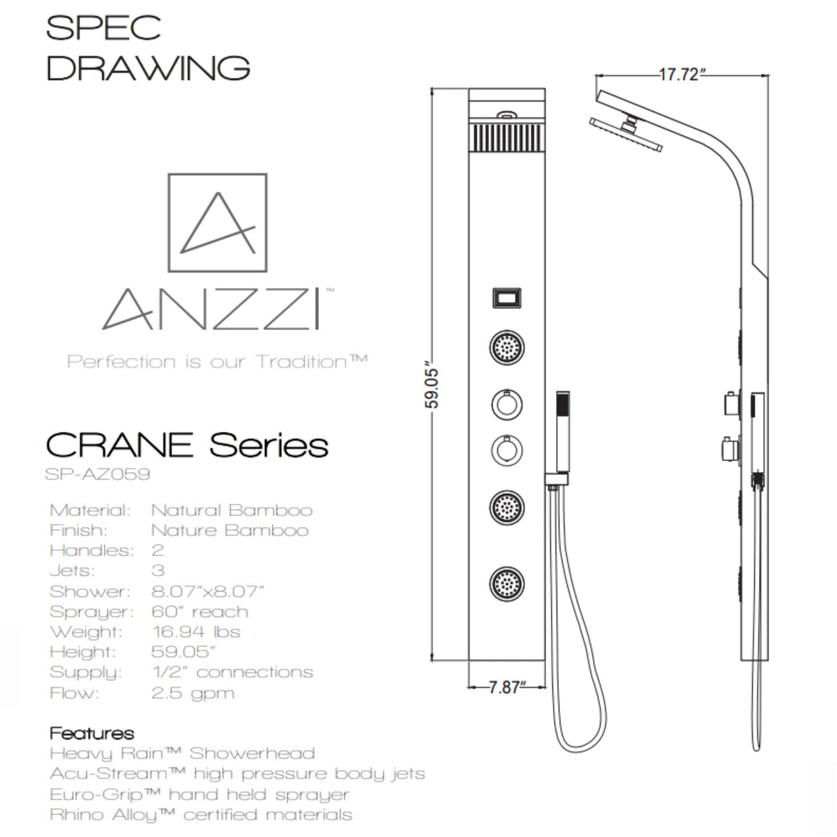 Anzzi Crane 60 in. Full Body Shower Panel with Heavy Rain Shower and Spray Wand in Natural Bamboo SP-AZ059 - Vital Hydrotherapy