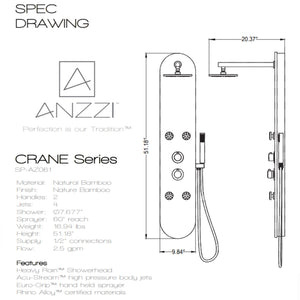 Anzzi Crane 52 Inch Full Body Shower Panel with Swiveling Crested Heavy Rain Shower Head, Two Shower Control Knobs, Four Acu-stream Vector Massage Body Jet Sets and Euro-grip Hand Sprayer in Natural Bamboo SP-AZ058 - Specification Drawing - Vital Hydrotherapy