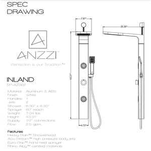 Anzzi Inland Series 44 Inch Full Body Retro-Fit Shower Panel with Fixed Crested Heavy Rain Shower Head, Shower Control Knobs, Two Acu-stream Vector Massage Body Jet Sets and Euro-grip Hand Sprayer in White SP-AZ062 - Specification Drawing - Vital Hydrotherapy