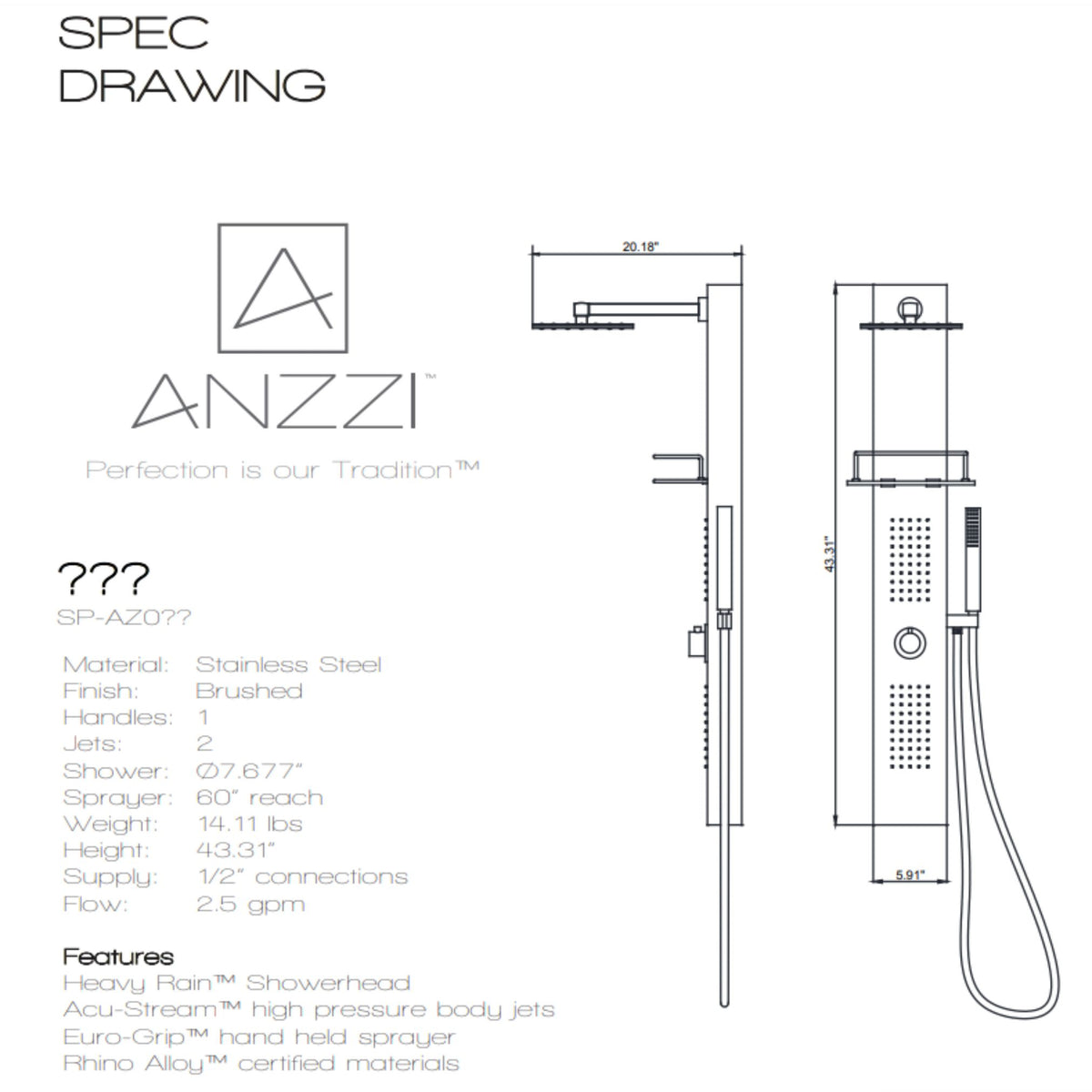 Anzzi Coastal 44 Inch Full Body Shower Panel with Deco-Glass Shampoo Shelf, Swiveling Crested Heavy Rain Shower Head, Shower Control Knob, Two Acu-stream Vector Massage Body Jet Sets and Euro-grip Hand Sprayer in Brushed Steel SP-AZ075 - Specification Drawing - Vital Hydrotherapy