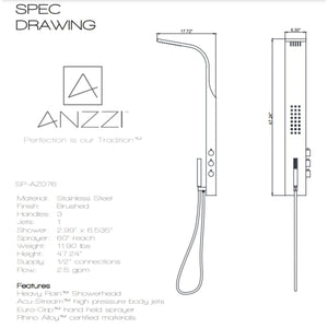 Anzzi Pier 48 Inch Full Body Shower Panel with Fixed Crested Heavy Rain Shower Head, Three Shower Control Knob, Acu-stream Vector Massage Body Jet Sets and Euro-grip Hand Sprayer in Brushed Steel SP-AZ076 - Specification Drawing - Vital Hydrotherapy