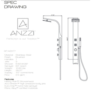Anzzi Sans 40 Inch Full Body Shower Panel with Swiveling Crested Heavy Rain Shower Head, Shower Control Knob, Three Acu-stream Vector Massage Body Jets and Euro-grip Hand Sprayer in Brushed Steel SP-AZ077 - Specification Drawing - Vital Hydrotherapy