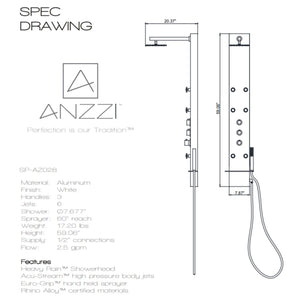 Anzzi Panther 60 Inch Full Body Shower Panel with Heavy Rain Shower Head, Six Directional Acu-stream Body Jets, Three Shower Control Knobs and Euro-grip Free Range Hand Sprayer in White Deco-glass Body SP-AZ8088 - Specification Drawing - Vital Hydrotherapy