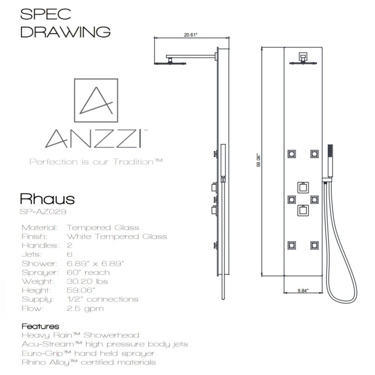 Anzzi Jaguar 60 Inch Full Body Shower Panel with Heavy Rain Shower Head, Six Directional Acu-stream Body Jets, Two Shower Control Knobs and Euro-grip Free Range Hand Sprayer in White Deco-glass Body SP-AZ8089 - Specification Drawing - Vital Hydrotherapy