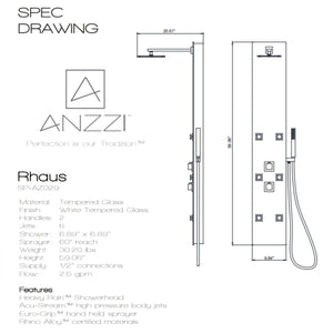 Anzzi Jaguar 60 Inch Full Body Shower Panel with Heavy Rain Shower Head, Six Directional Acu-stream Body Jets, Two Shower Control Knobs and Euro-grip Free Range Hand Sprayer in White Deco-glass Body SP-AZ8089 - Specification Drawing - Vital Hydrotherapy