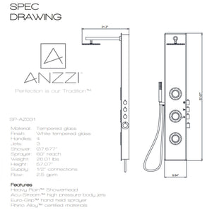 Anzzi Lynx 58 Inch Full Body Shower Panel with Heavy Rain Shower Head, Three Directional Acu-stream Body Jets, Four Shower Control Knobs and Euro-grip Free Range Hand Sprayer in White Deco-glass Body SP-AZ8090 - Specification Drawing - Vital Hydrotherapy