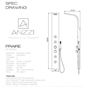 Anzzi Mayor 64 Inch Full Body Shower Panel with Heavy Rain Shower Head, Four Directional Acu-stream Body Jets, Two Shower Control Knobs and Euro-grip Free Range Hand Sprayer in Brushed Steel SP-AZ8092 - Specification Drawing Vital Hydrotherapy