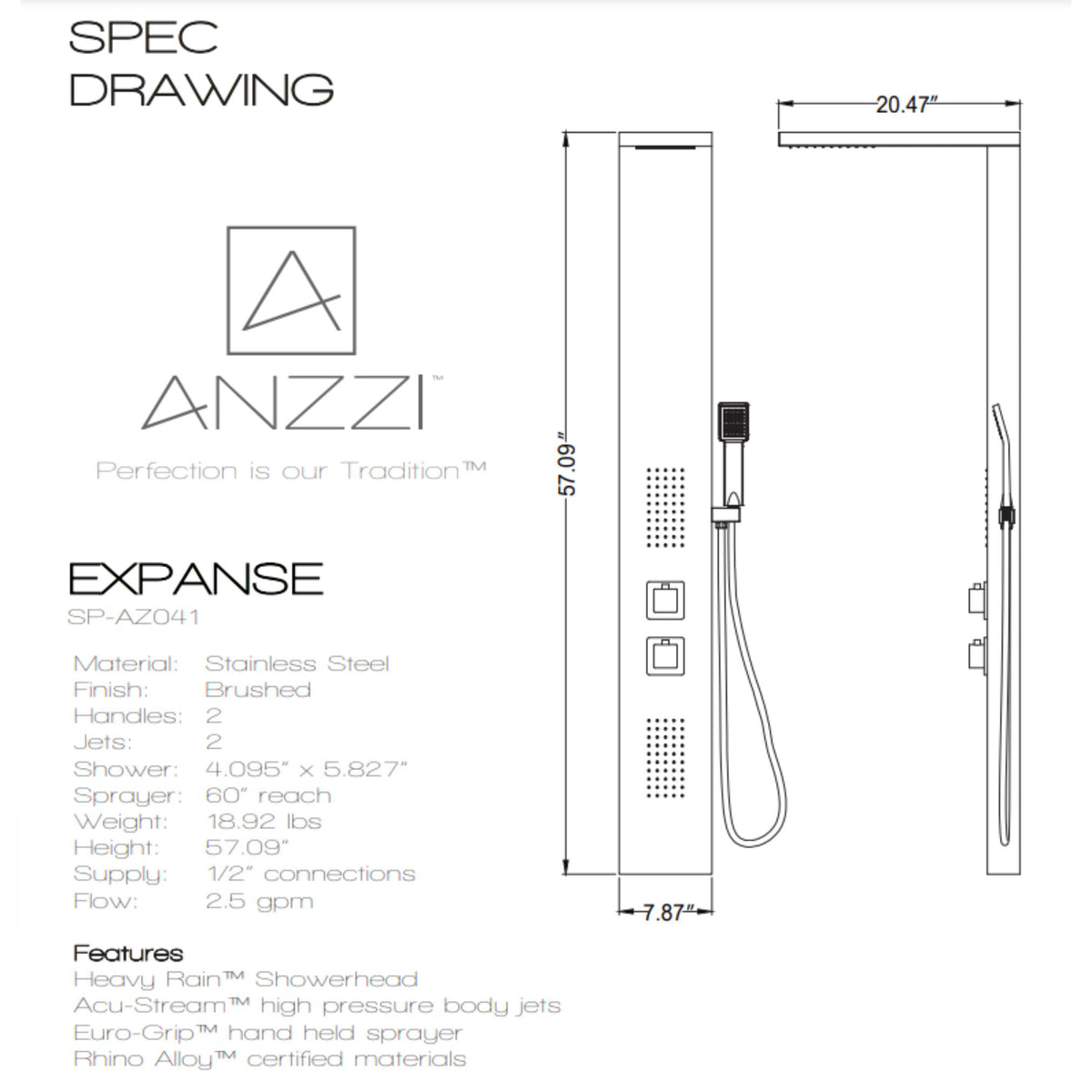 Anzzi Govenor 64 Inch Full Body Shower Panel with Heavy Rain Shower Head with Cascading Waterfall, Two Directional Acu-stream Body Jets, Two Shower Control Knobs and Euro-grip Free Range Hand Sprayer in Brushed Steel SP-AZ8093 - Specification Drawing Vital Hydrotherapy