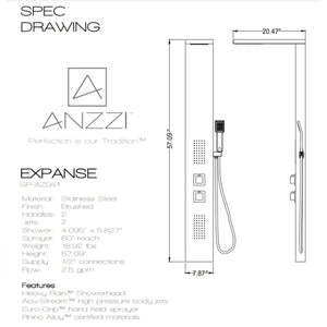 Anzzi Govenor 64 Inch Full Body Shower Panel with Heavy Rain Shower Head with Cascading Waterfall, Two Directional Acu-stream Body Jets, Two Shower Control Knobs and Euro-grip Free Range Hand Sprayer in Brushed Steel SP-AZ8093 - Specification Drawing Vital Hydrotherapy