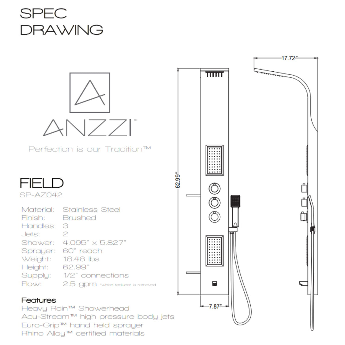 Anzzi Mesmer 58 Inch Full Body Shower Panel with Deco-Glass Shampoo Shelfs, Heavy Rain Shower Head With Cascading Waterfall, Acu-stream Directional Body Jets, Shower Control Knobs, Concentrated Water Spout and Euro-grip Handheld Sprayer in Brushed Steel SP-AZ8094 - Specification Drawing - Vital Hydrotherapy