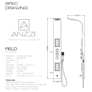 Anzzi Mesmer 58 Inch Full Body Shower Panel with Deco-Glass Shampoo Shelfs, Heavy Rain Shower Head With Cascading Waterfall, Acu-stream Directional Body Jets, Shower Control Knobs, Concentrated Water Spout and Euro-grip Handheld Sprayer in Brushed Steel SP-AZ8094 - Specification Drawing - Vital Hydrotherapy
