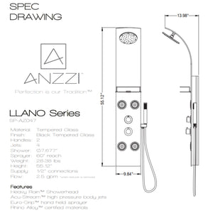 Anzzi Colossal Series 56 Inch Full Body Shower Panel with Deco-Glass Shampoo Shelfs, Heavy Rain Shower Head With Cascading Waterfall, Acu-stream Directional Body Jets, Shower Control Knobs and Euro-grip Handheld Sprayer in Black SP-AZ8095 - Specification Drawing - Vital Hydrotherapy