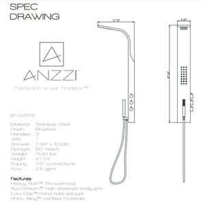 Anzzi King 48 in. Full Body Shower Panel with Heavy Rain Shower and Spray Wand Specification Drawing - Vital Hydrotherapy