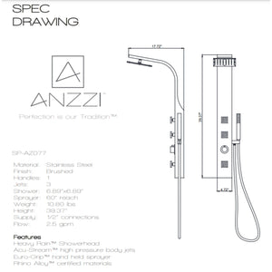 Anzzi Silent 40 in. Full Body Shower Panel with Heavy Rain Shower and Spray Wand Specification Drawing  - Vital Hydrotherapy